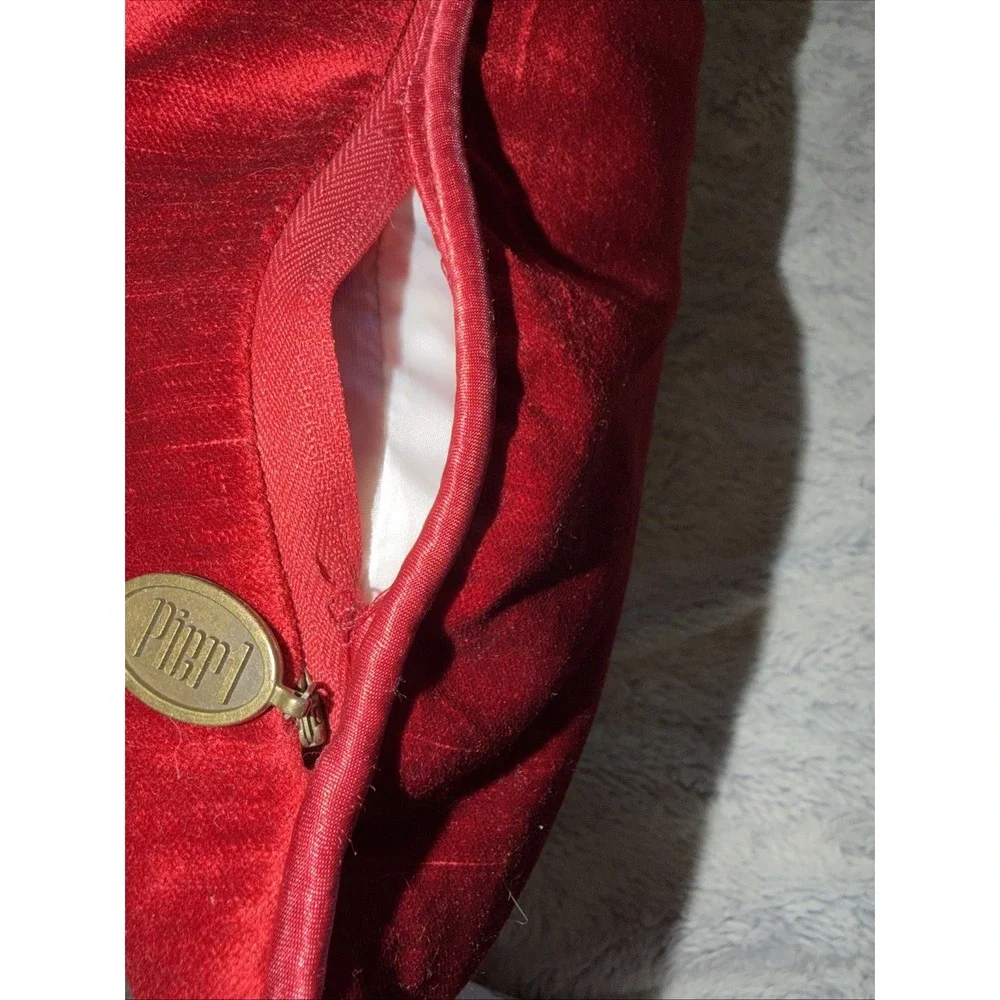 Pier 1 Imports Red Velvet Throw Pillow Square Crimson Accent Brass Logo Zip